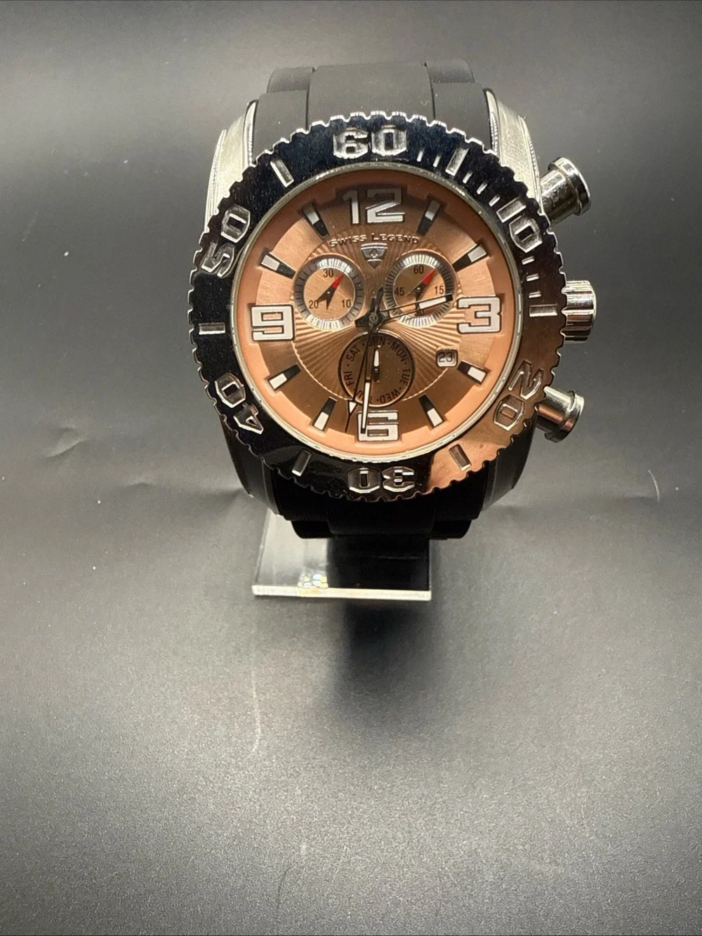 Swiss Legend Rose Gold Dial Chronograph with Black Strap